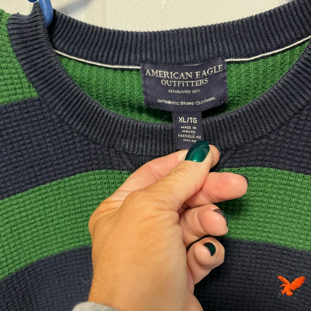 Vintage American Eagle Outfitters Green and navy Striped Crewneck waffle knit - Picture 3 of 4